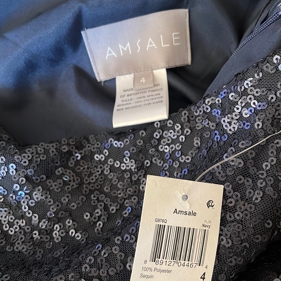 Amsale Womens Navy Sequined One Shoulder Evening Dress Gown NWT Size 4 - Picture 3 of 8